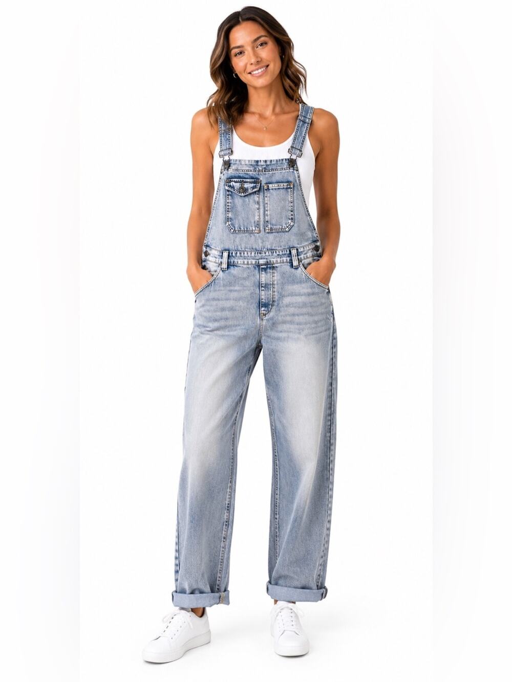 American Rag Light Wash Baggy Denim Overalls Women’s Large Relaxed Fit l